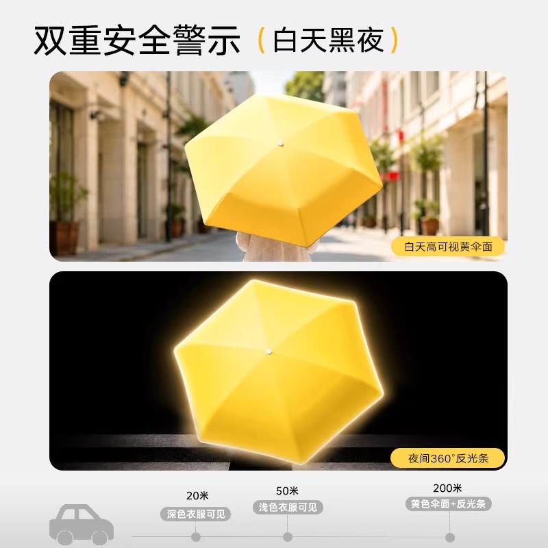 天玮环扣节节收学生上学专用圆角内花反光条安全儿童全自动黄雨伞